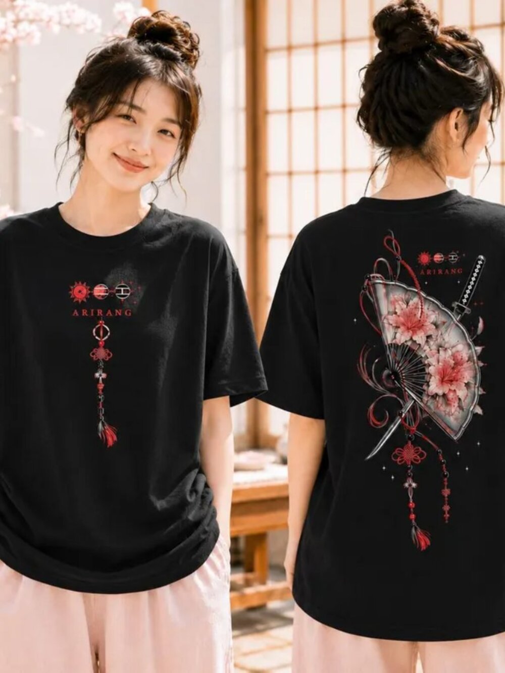 BTS Arirang Floral Folding Fan Shirt, Two Sided Pink Blossom Sword T Shirt